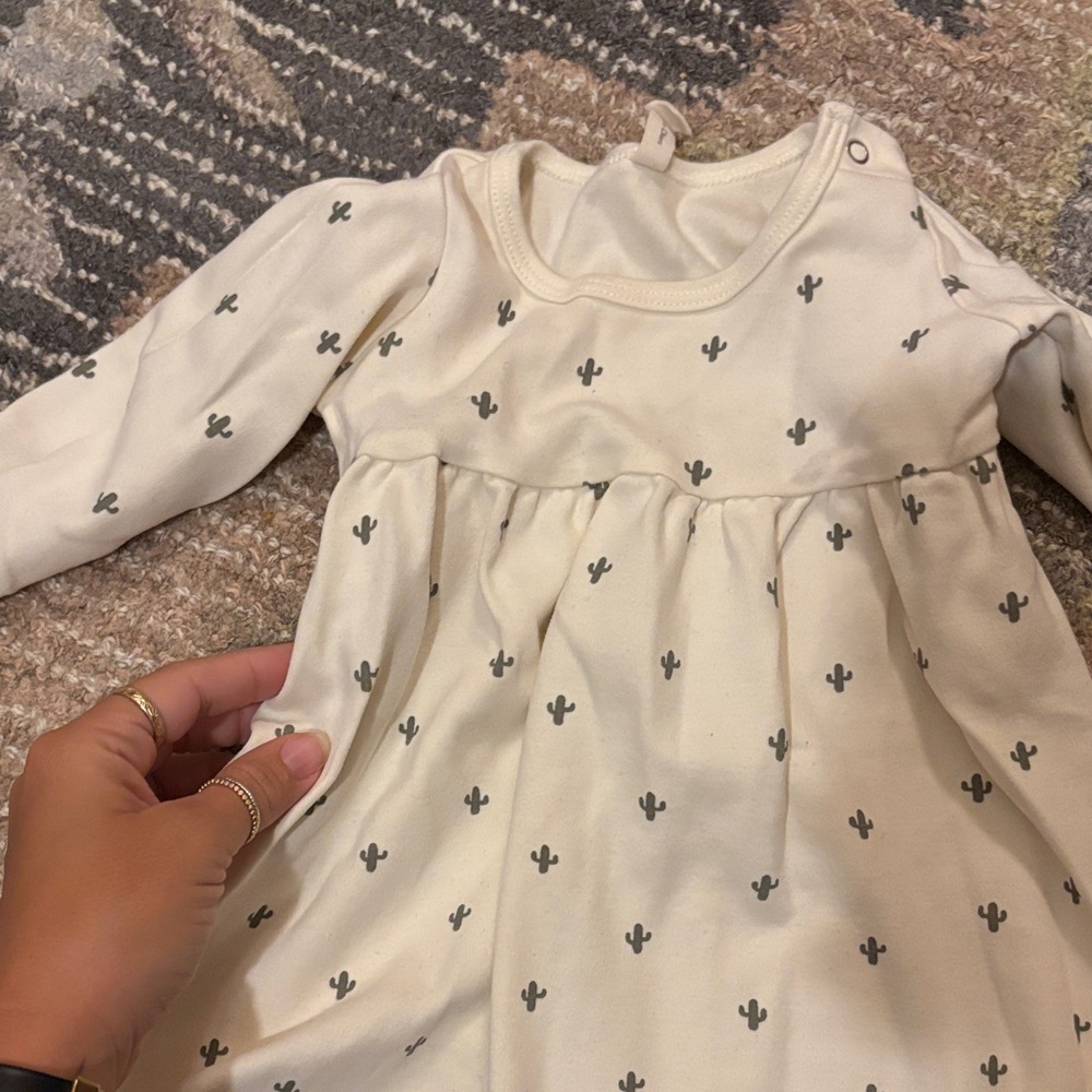 Quincy Mae Cream Long Sleeve Baby Dress with Gray Cactus Print